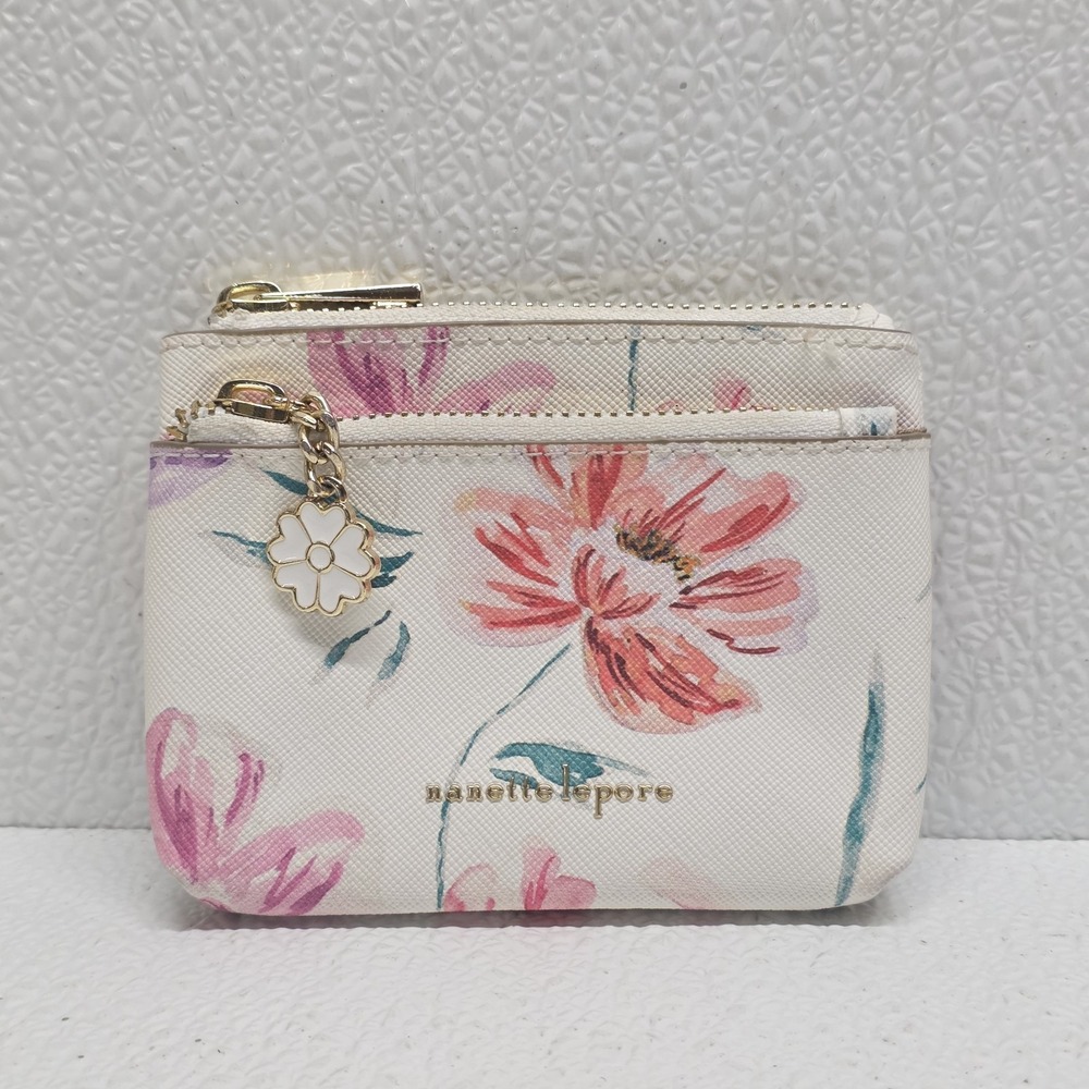 Nanette Lepore White Pink Floral Zip Change Purse Wallet